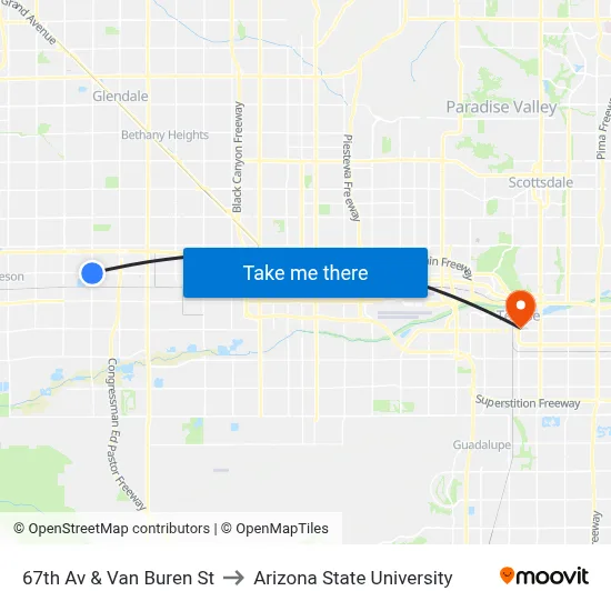 67th Av & Van Buren St to Arizona State University map