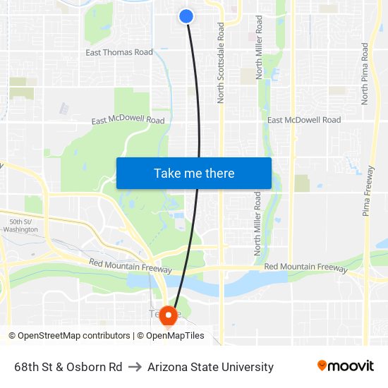 68th St & Osborn Rd to Arizona State University map