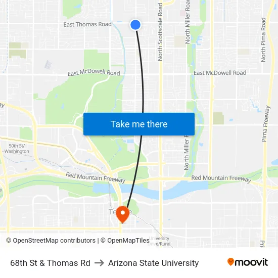 68th St & Thomas Rd to Arizona State University map
