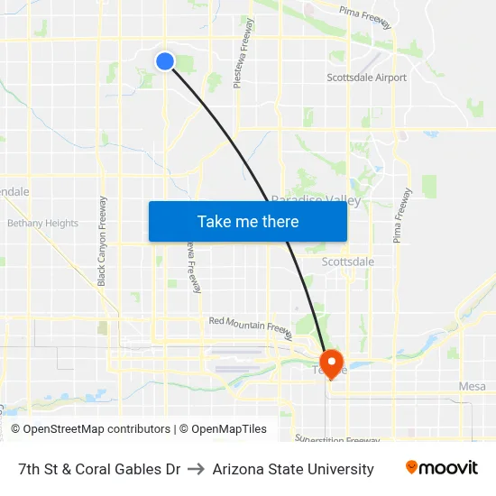 7th St & Coral Gables Dr to Arizona State University map