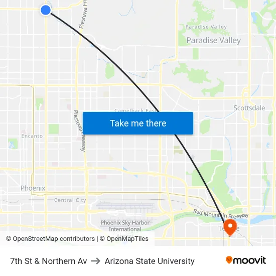 7th St & Northern Av to Arizona State University map