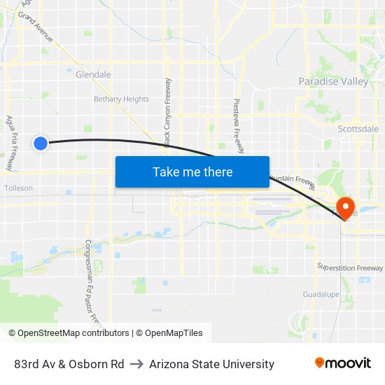 83rd Av & Osborn Rd to Arizona State University map