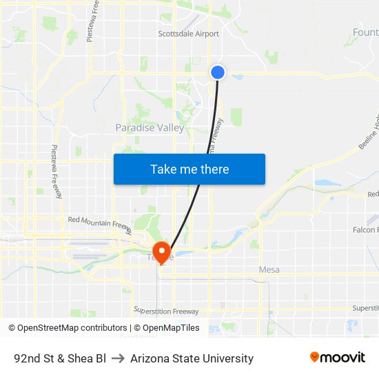 92nd St & Shea Bl to Arizona State University map