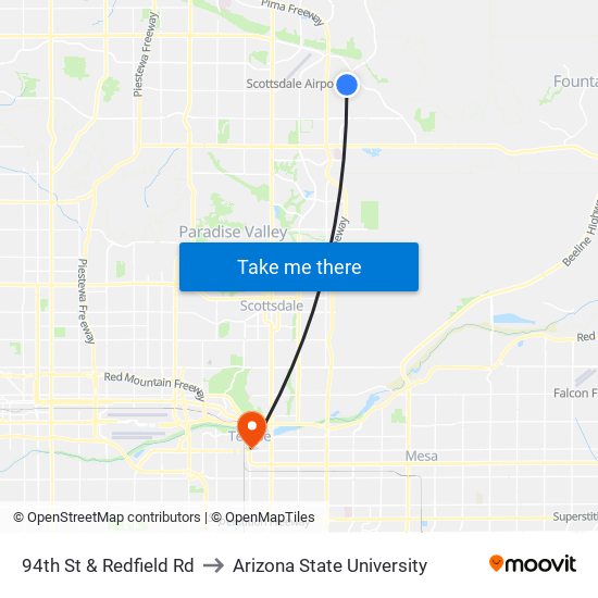 94th St & Redfield Rd to Arizona State University map