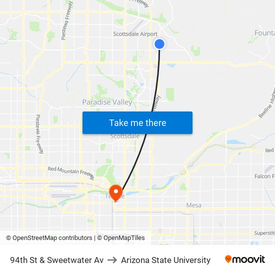 94th St & Sweetwater Av to Arizona State University map