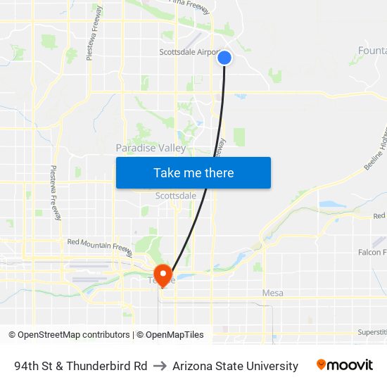 94th St & Thunderbird Rd to Arizona State University map