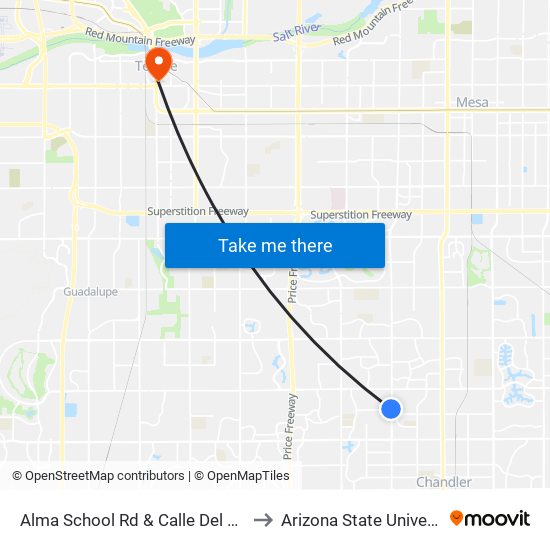 Alma School Rd & Calle Del Norte to Arizona State University map