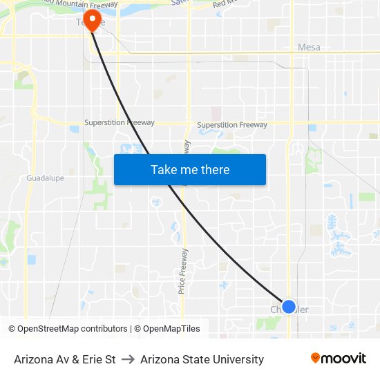 Arizona Av & Erie St to Arizona State University map