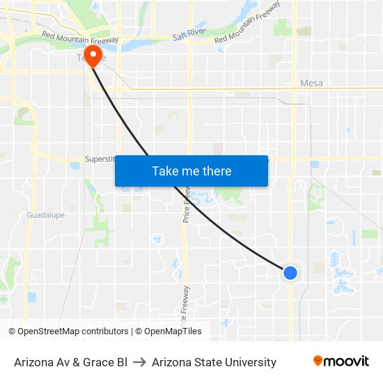 Arizona Av & Grace Bl to Arizona State University map