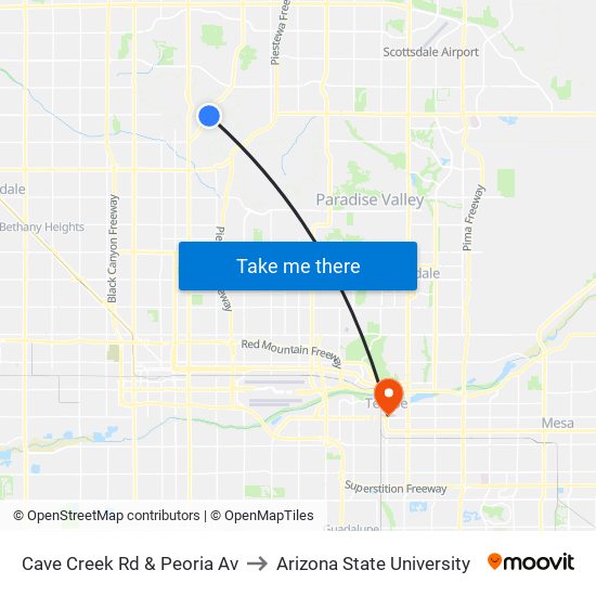 Cave Creek Rd & Peoria Av to Arizona State University map