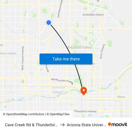 Cave Creek Rd & Thunderbird Rd to Arizona State University map