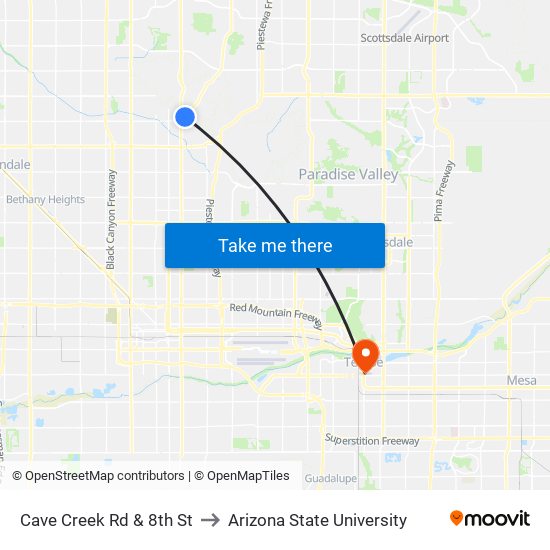 Cave Creek Rd & 8th St to Arizona State University map
