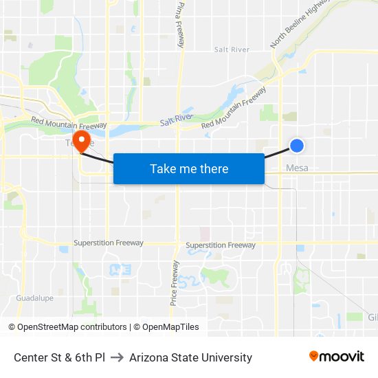 Center St & 6th Pl to Arizona State University map