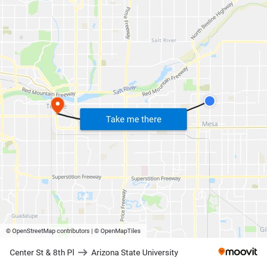 Center St & 8th Pl to Arizona State University map