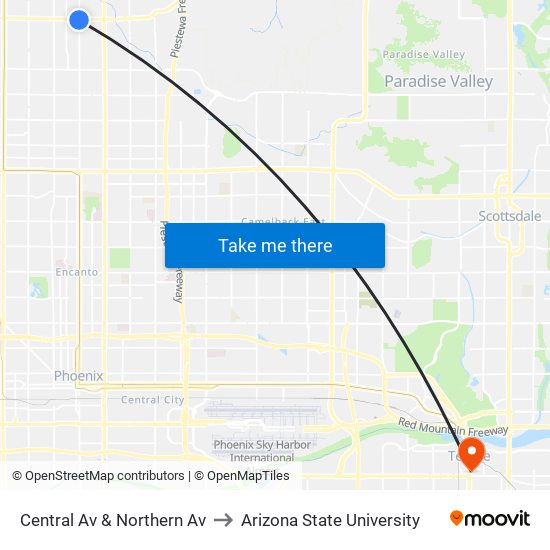 Central Av & Northern Av to Arizona State University map