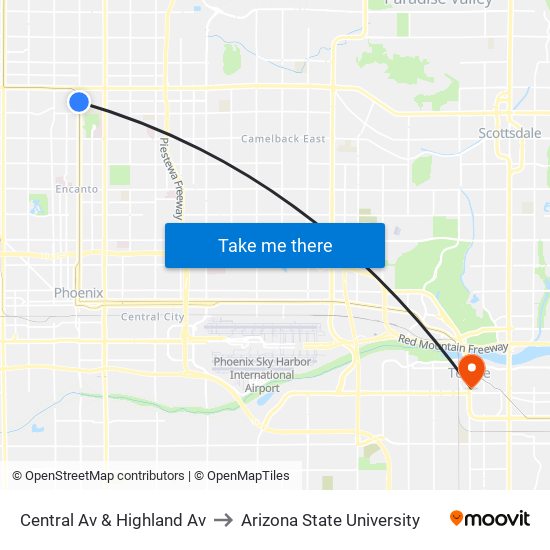 Central Av & Highland Av to Arizona State University map