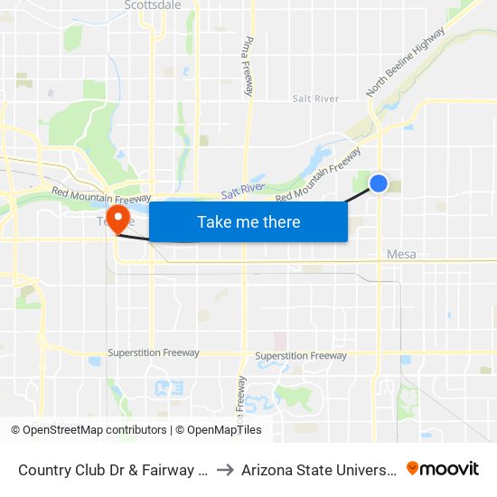Country Club Dr & Fairway Dr to Arizona State University map