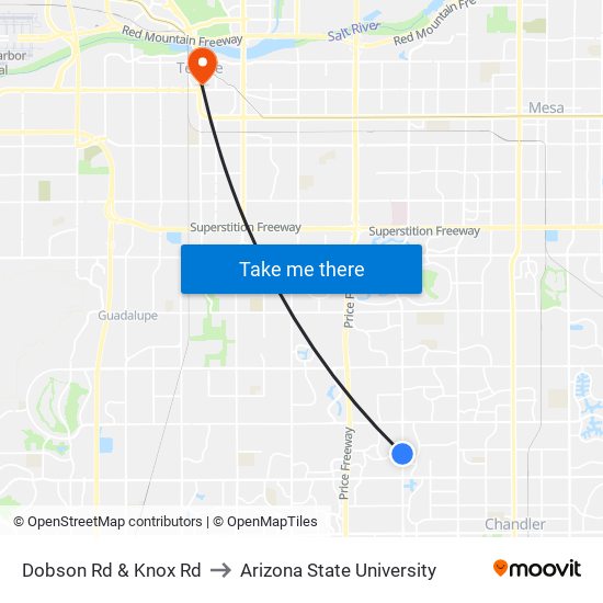 Dobson Rd & Knox Rd to Arizona State University map