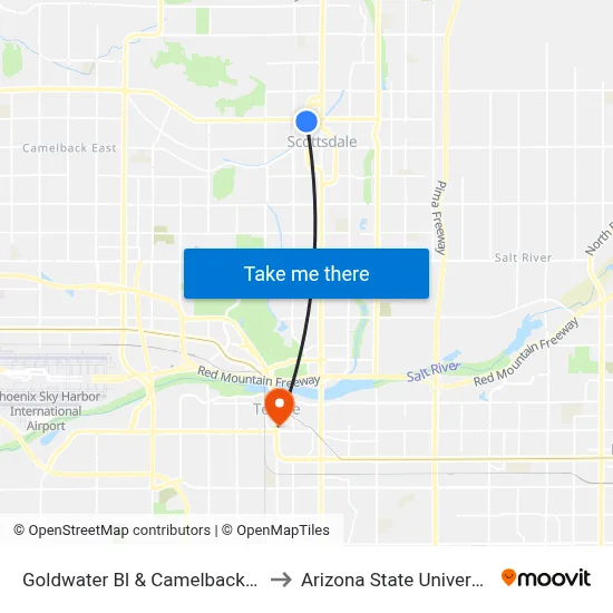 Goldwater Bl & Camelback Rd to Arizona State University map