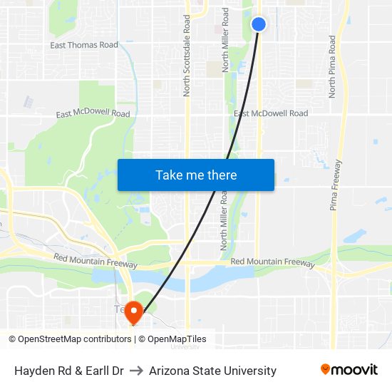 Hayden Rd & Earll Dr to Arizona State University map