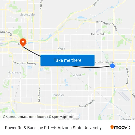 Power Rd & Baseline Rd to Arizona State University map