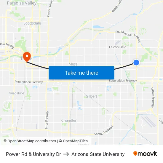 Power Rd & University Dr to Arizona State University map