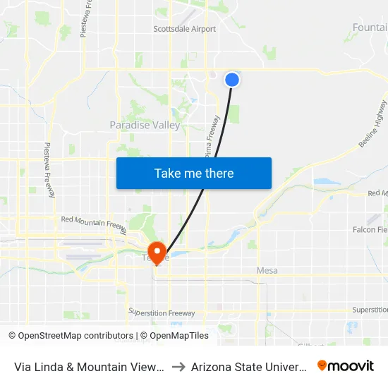 Via Linda & Mountain View Rd to Arizona State University map