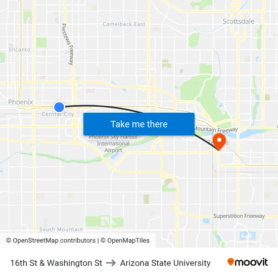 16th St & Washington St to Arizona State University map