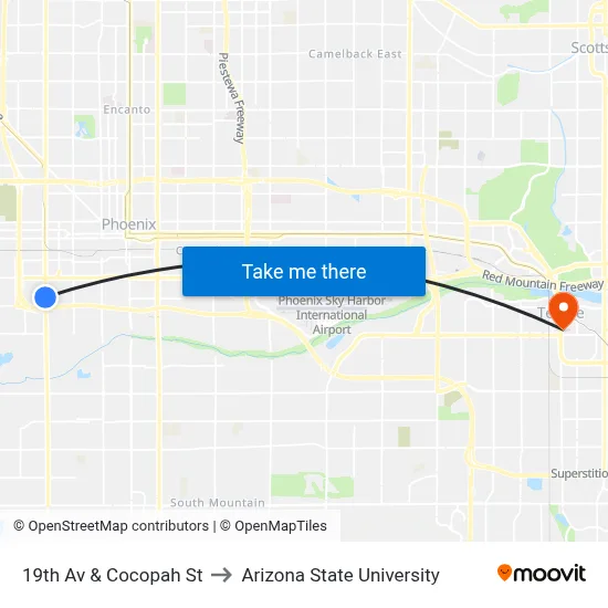 19th Av & Cocopah St to Arizona State University map