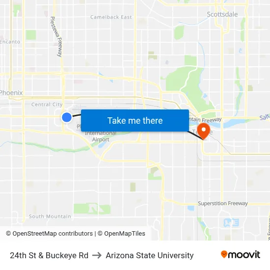 24th St & Buckeye Rd to Arizona State University map
