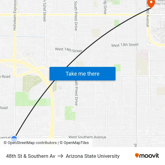 48th St & Southern Av to Arizona State University map