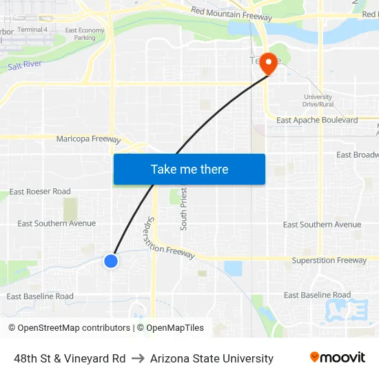 48th St & Vineyard Rd to Arizona State University map