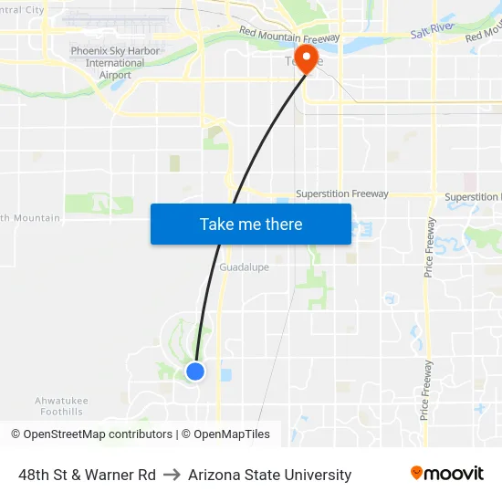48th St & Warner Rd to Arizona State University map