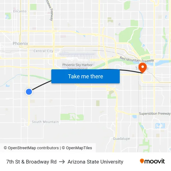 7th St & Broadway Rd to Arizona State University map