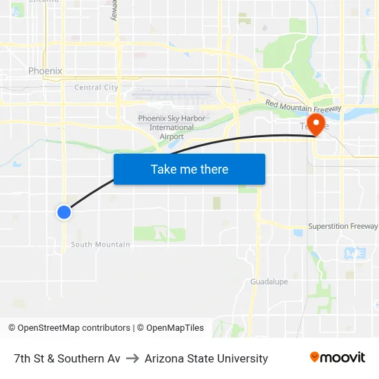 7th St & Southern Av to Arizona State University map