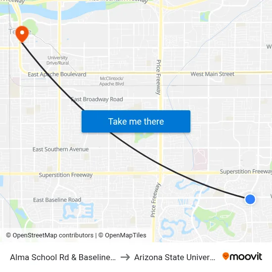 Alma School Rd & Baseline Rd to Arizona State University map