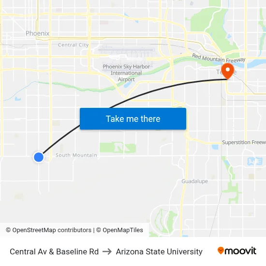 Central Av & Baseline Rd to Arizona State University map