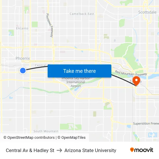 Central Av & Hadley St to Arizona State University map