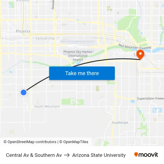 Central Av & Southern Av to Arizona State University map
