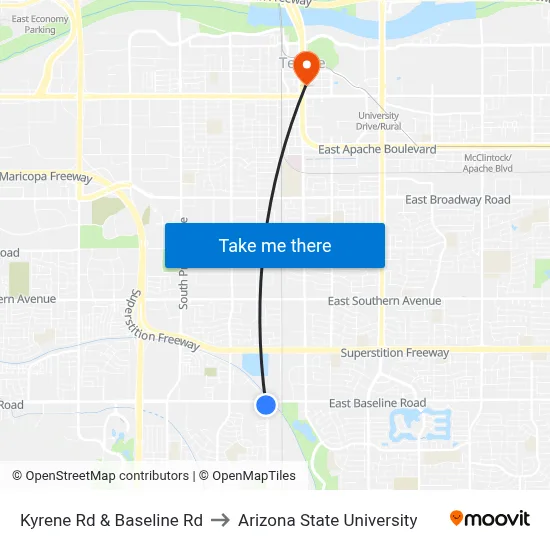 Kyrene Rd & Baseline Rd to Arizona State University map