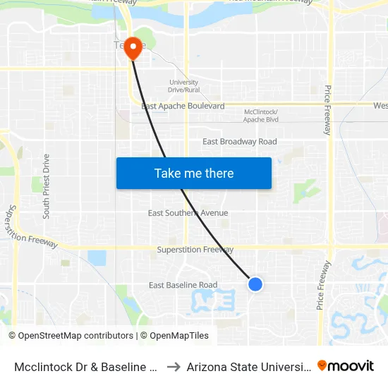 Mcclintock Dr & Baseline Rd to Arizona State University map
