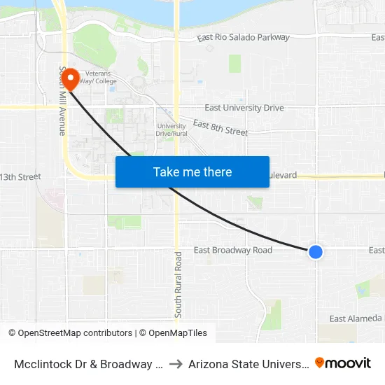 Mcclintock Dr & Broadway Rd to Arizona State University map