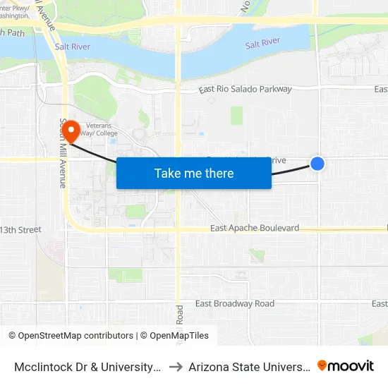 Mcclintock Dr & University Dr to Arizona State University map