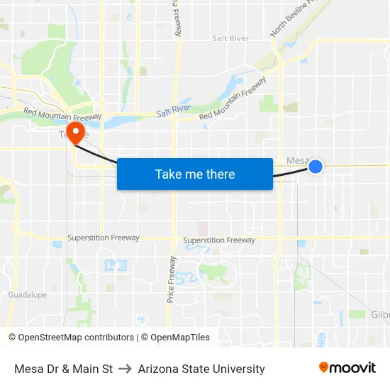 Mesa Dr & Main St to Arizona State University map