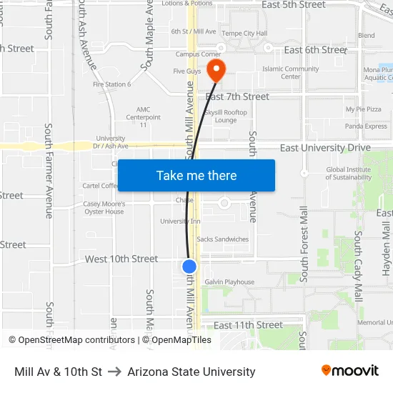 Mill Av & 10th St to Arizona State University map