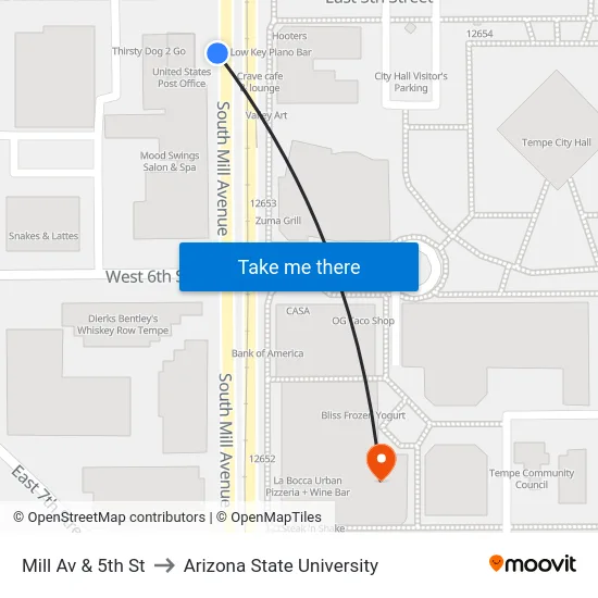 Mill Av & 5th St to Arizona State University map