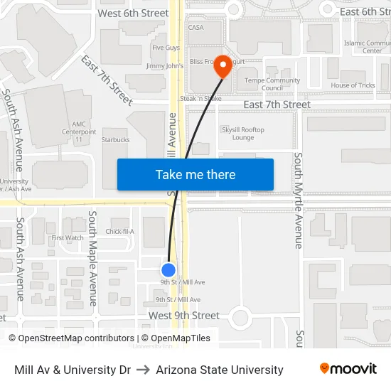 Mill Av & University Dr to Arizona State University map