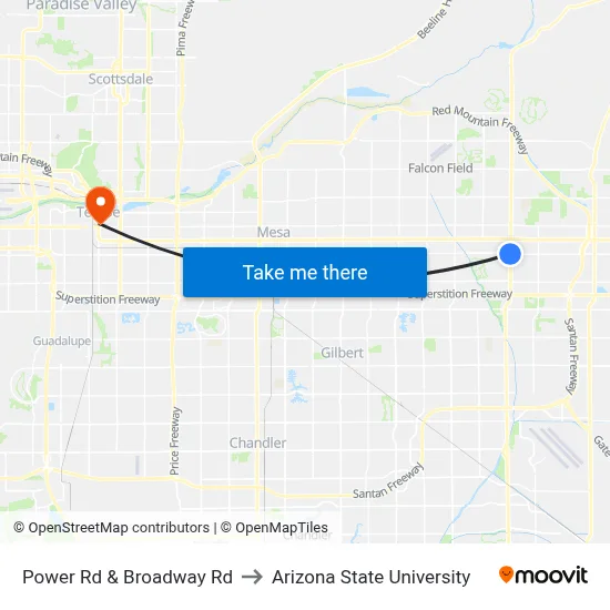 Power Rd & Broadway Rd to Arizona State University map