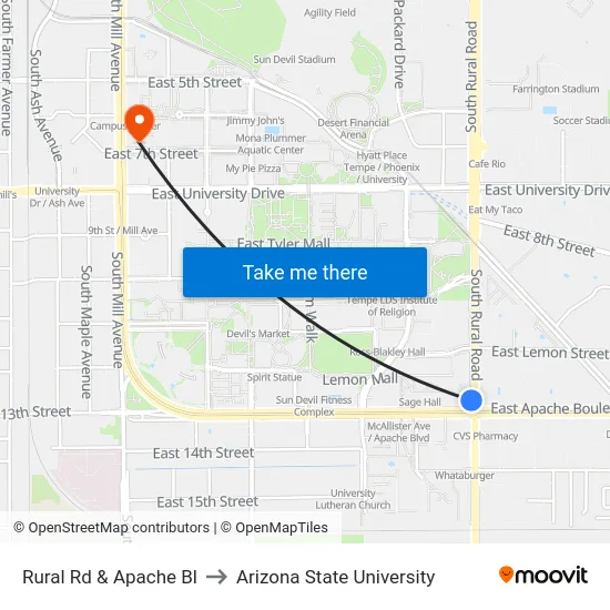 Rural Rd & Apache Bl to Arizona State University map