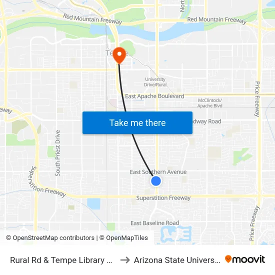 Rural Rd & Tempe Library Pnr to Arizona State University map
